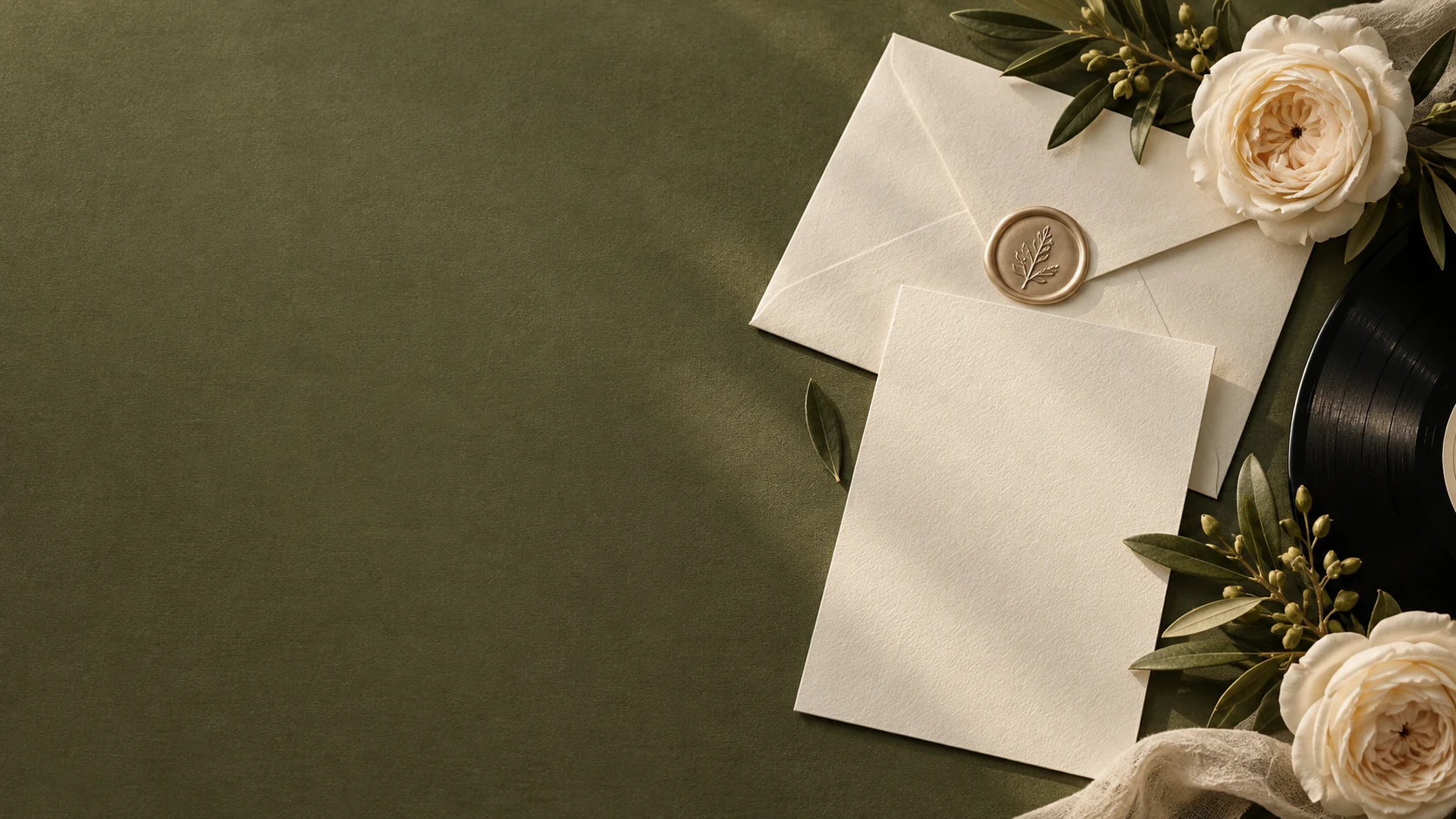 Olive and ivory invitation with botanical wax seal