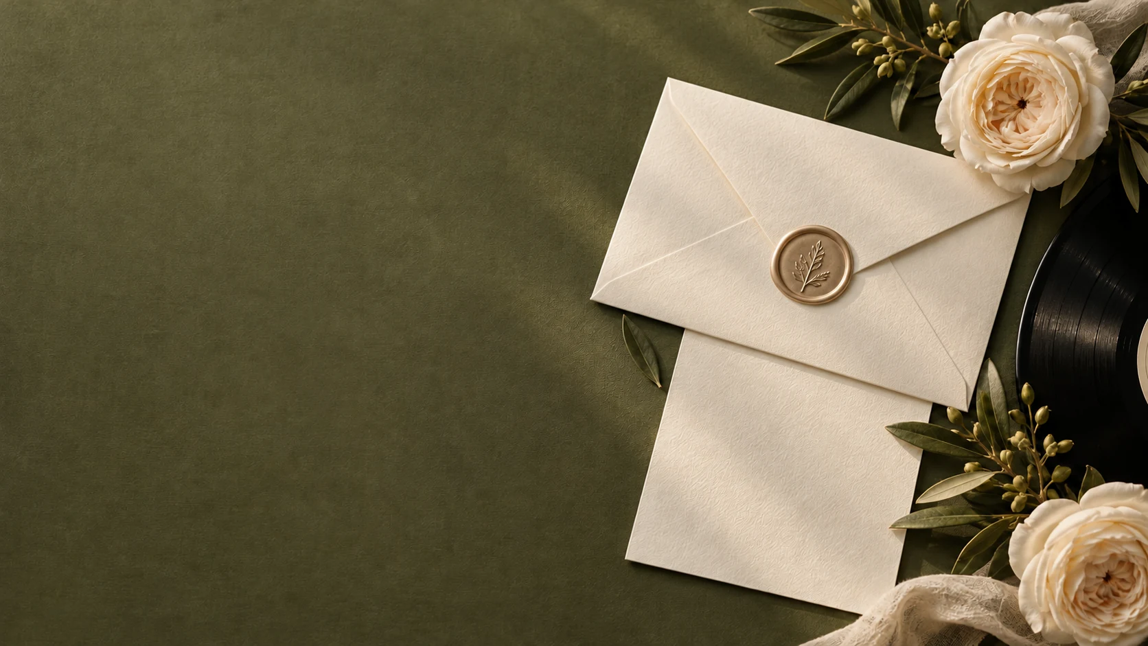 Sealed ivory envelope on olive linen