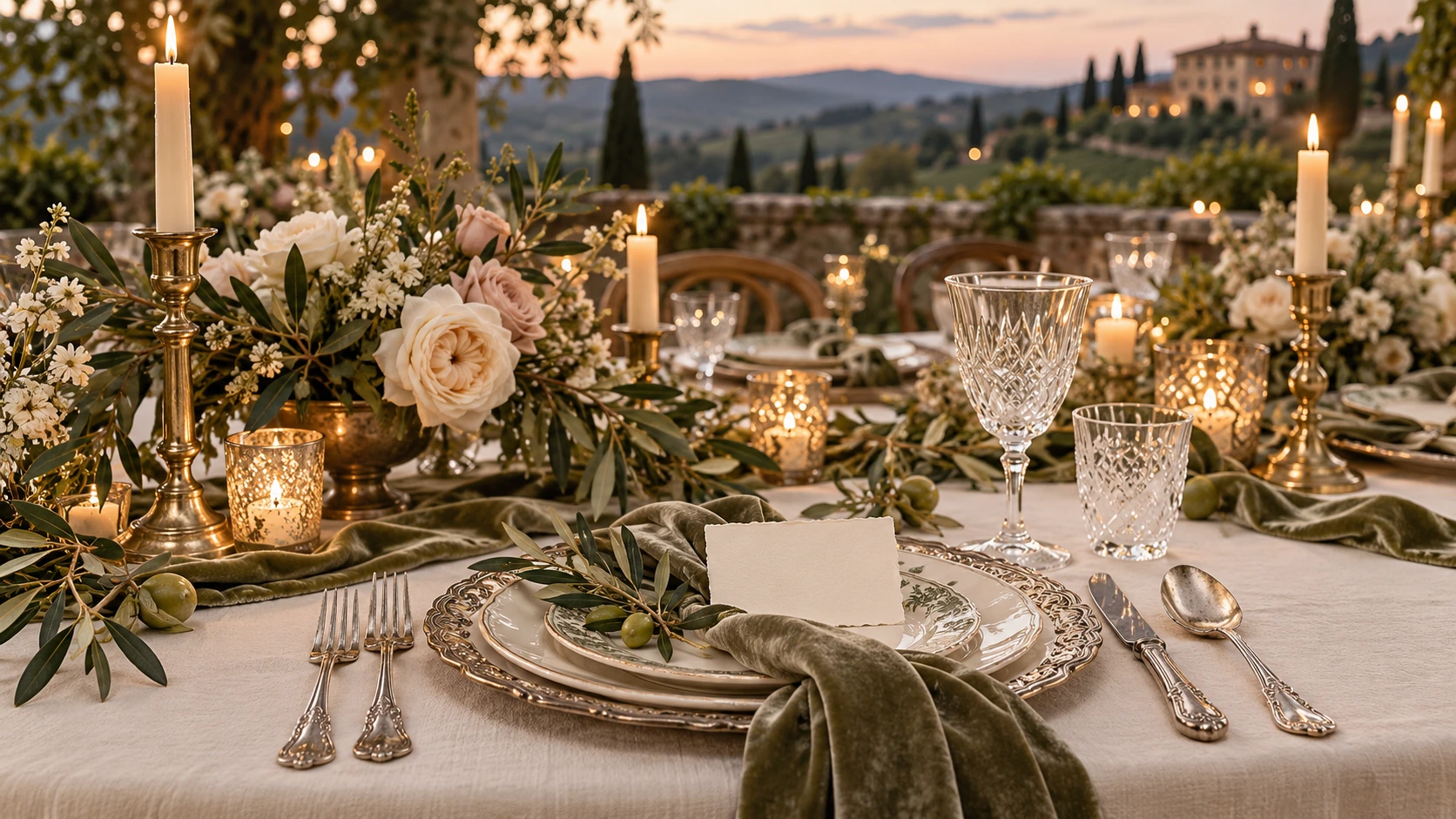 Candlelit ivory and olive wedding tablescape with garden roses